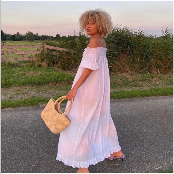 NWOT Hill House The Caroline Nap Dress White Swiss Dot Puff Short Sleeve Midi - Picture 1 of 11